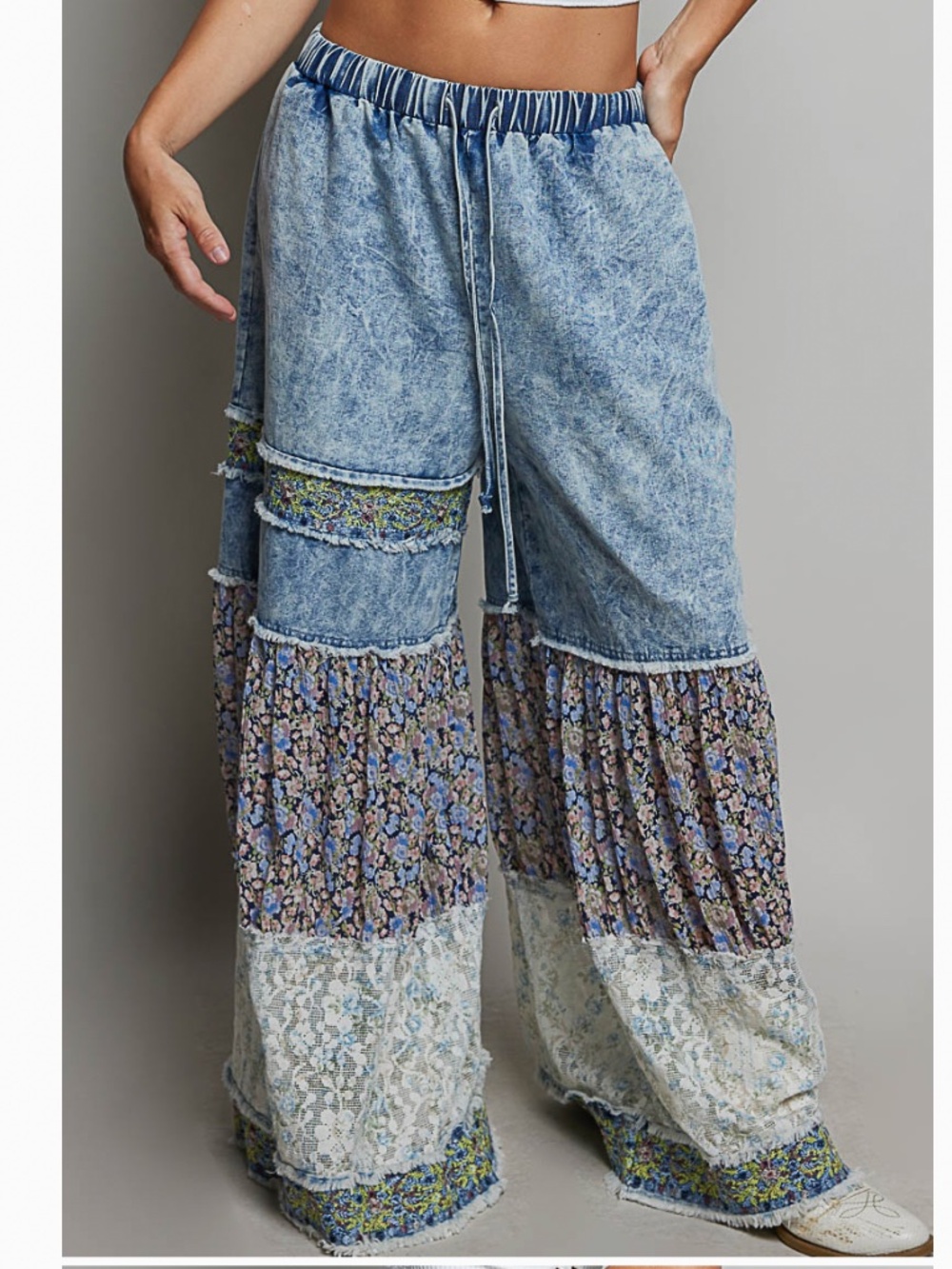 🎂 POL “ FAYE “ POL WIDE LEG PANTS WITH FLORAL EMBROIDERY DETAIL 30